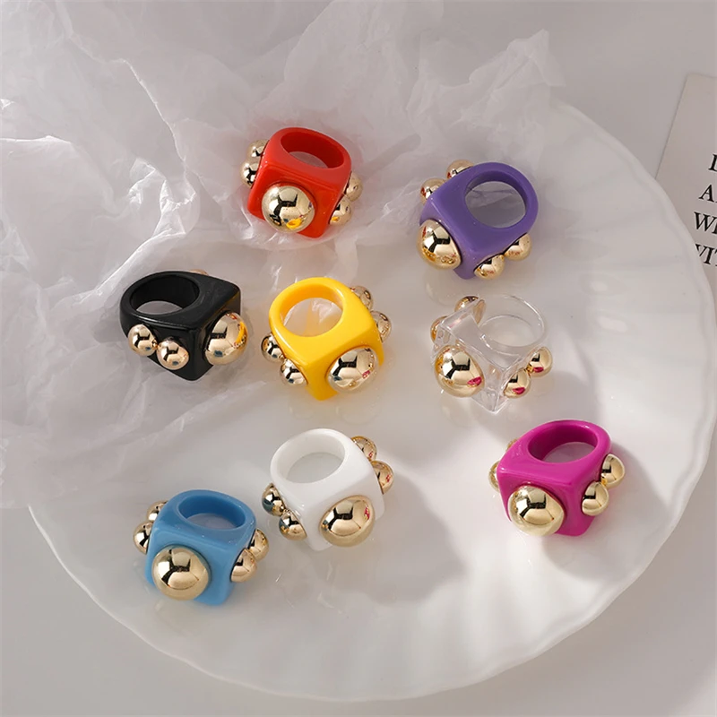 

LJLGLY Luxury Golden Metal Ring Transparent Candy Colorful Acrylic Resin Statement Rings Women Travel Jewelry 2021 New Best Gift