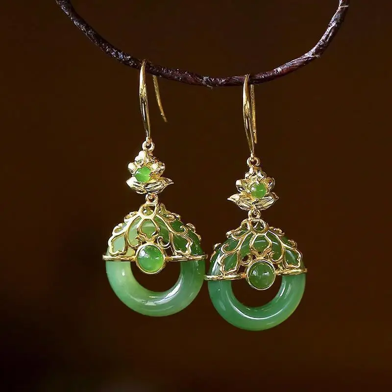 

Natural Hetian Jade Green Jade Safety Buckle Earrings S925 Sterling Silver Gold Plated Jasper Ornament for Women