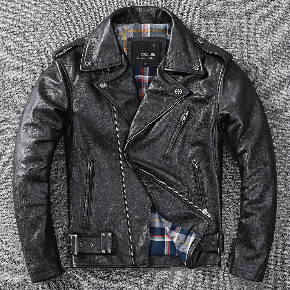 

Classic Oblique Motorcycle zipper s Mens Leather Natural Calf Skin Man Thick Slim Cowhide Moto Biker Jacket Spring