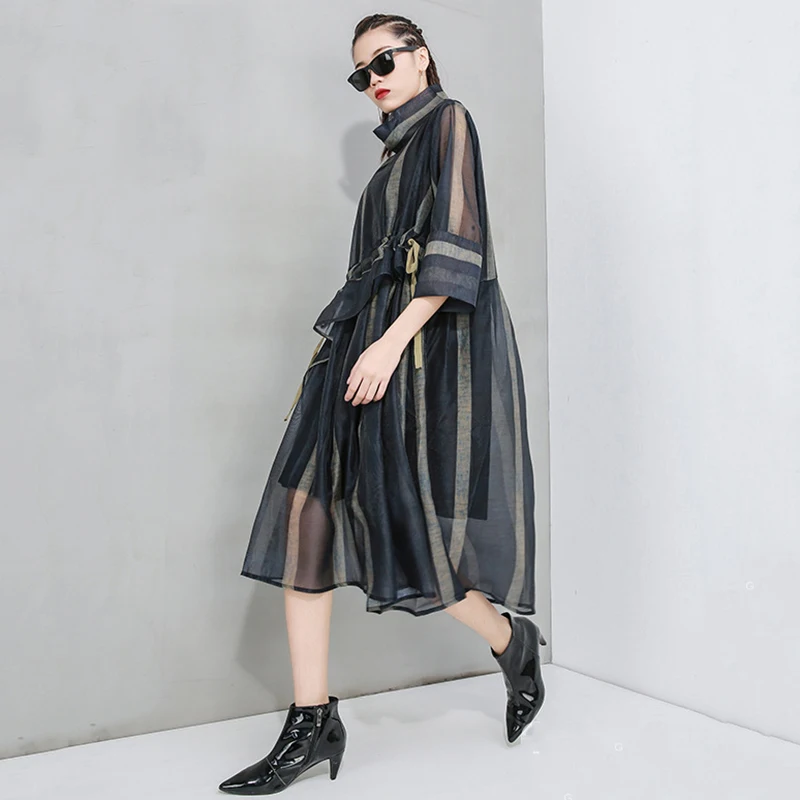 [EAM] женское Полосатое Сетчатое платье с разрезом новая водолазка рукавом три