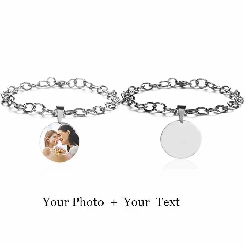 Custom Round Silver Браслет на заказ с выгравированным именем и датой Pulseira, нержавеющая сталь, персонализированная табличка, фото, браслет для женщин, ID, лучший друг, подарок - Окраска металла: Custom Round Silver