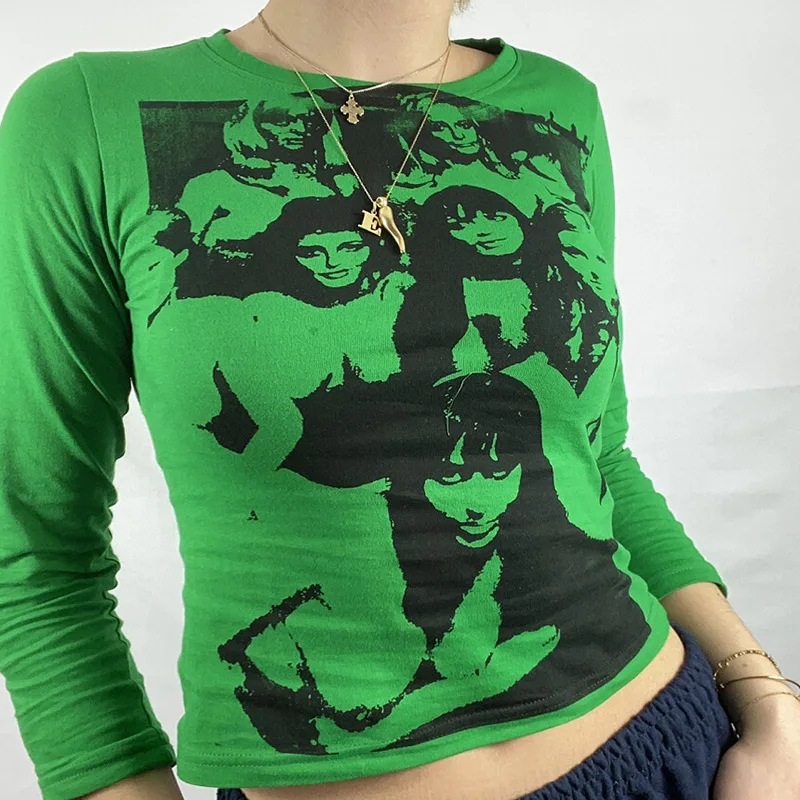 

Long Sleeve Harajuku Graphic Print 90s Women Vintage Crop Top Y2K Aesthetic Summer Slim Fit Tees Tops Streetwear Gothic Punk