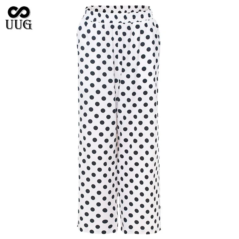 

UUG 2020 High Quality Women Vintage Big Polka Dot Print Wide-legging Female High Waist Split Pants Elegant Trousers Summer White