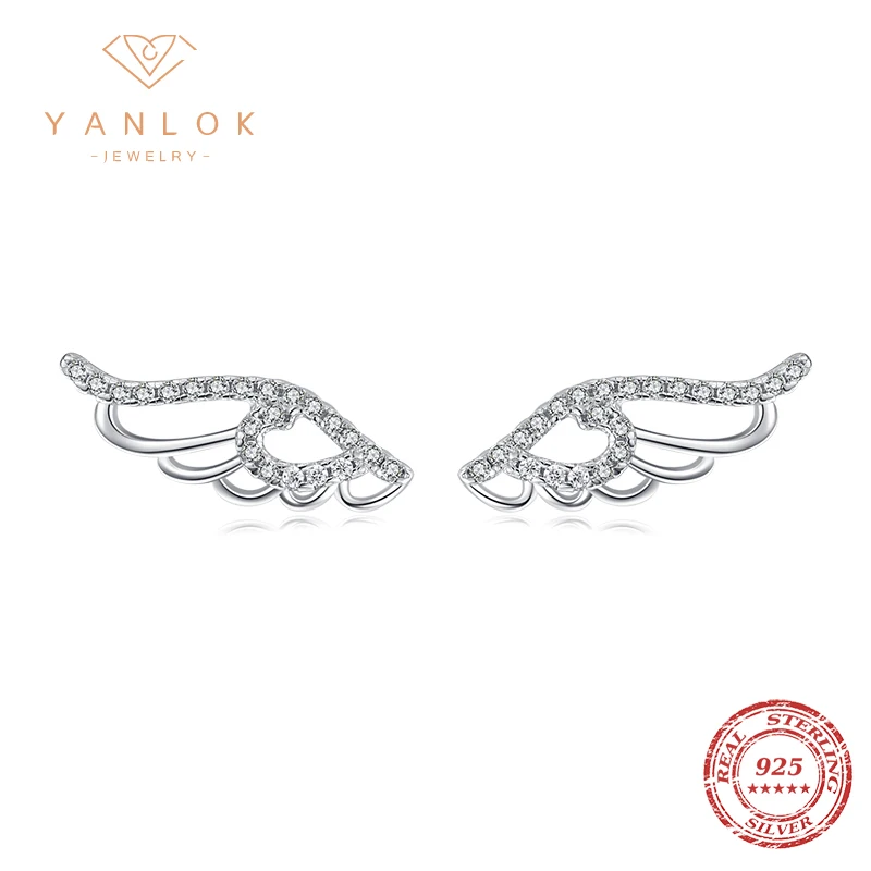 

YANLOK New Arrival 925 Sterling Silver Angle Wings Feather Clear Cubic Zircon Stud Earrings For Women Fashion Silver Jewelry