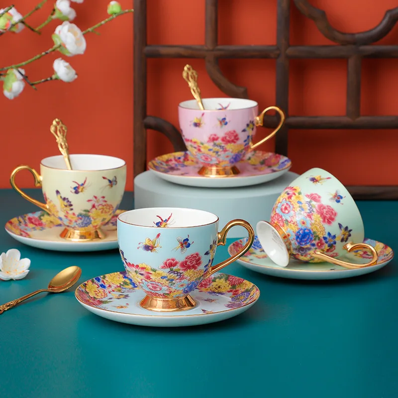 

Light luxury European style gold ceramic coffee cup and saucer set bone china painted with spoon afternoon tea tea set