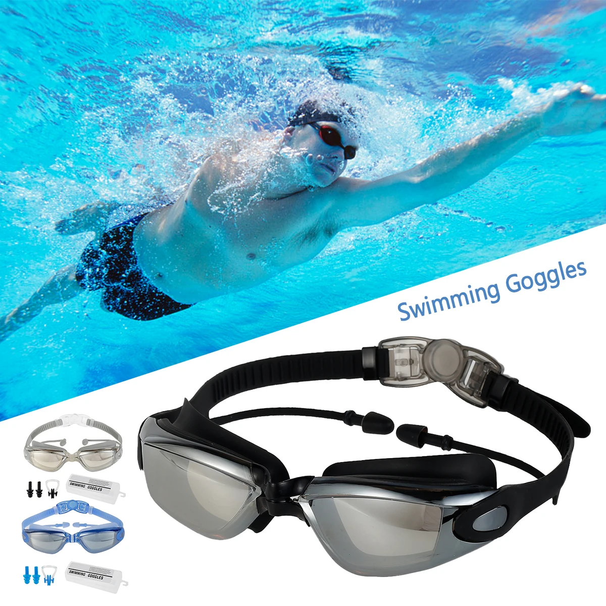 

Adjustable Swimming Goggles Anti-Fog UV Protection Mirrored Swim Goggles with One-Piece Earbud and Nose Clip for Adult Men Women