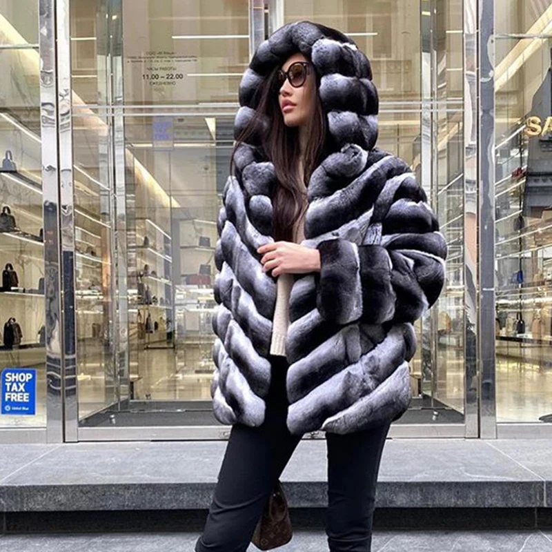 Fashion Women Rex Rabbit Fur Jacket with Hood High Street Medium Length Women Full Pelt Genuine Rex Rabbit Fur Coats Outwear