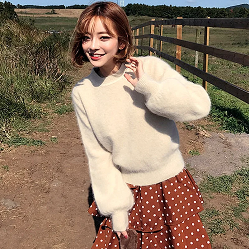 

Korean Chic Kawaii Ladies Sweaters Autumn Winter Warm Fluzzy Synthetic Mink Cashmere Sweater Knitted Pullovers Jumpers