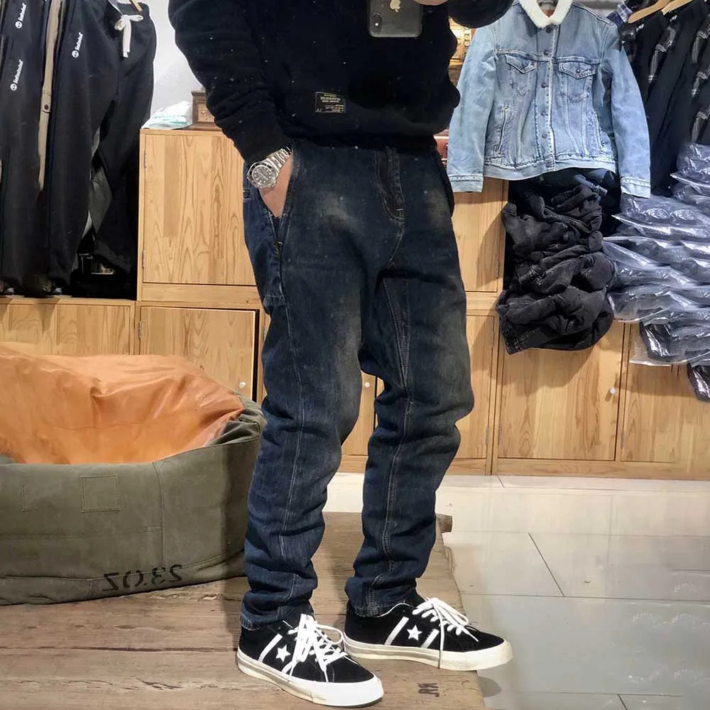 Men Pants Retro Jeans Denim Fabric Sand Washing Old Craftsmanship Vintage Texture Straight Slim Fit Trousers Streetwear Clothes
