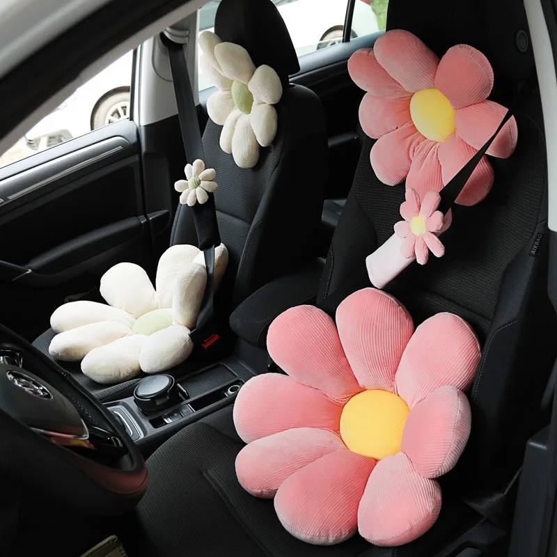 Car plush headrest creative sun flower car neck pillow back pillow lumbar head support cushion women's car interior accessories