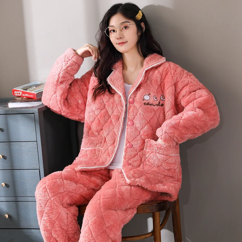 Three layer cotton pajamas couple winter thickened Plush lively lovely home clothes warm suit