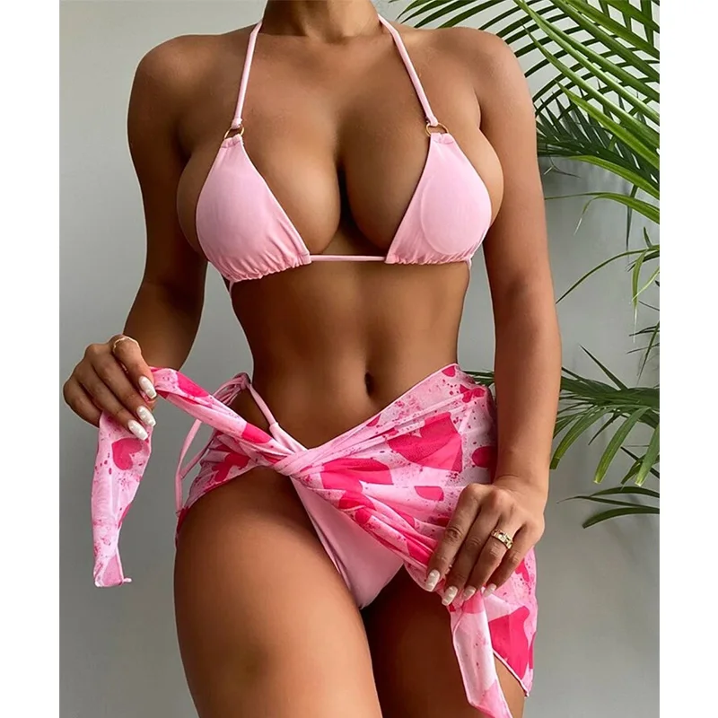 

Sexy Bikinis Halter Push Up Swimwear Bandage Sarong Wrap 3 Piece Bathing Suit Women Lace Up Swimsuit 2021 Bikini Set Beach Wear