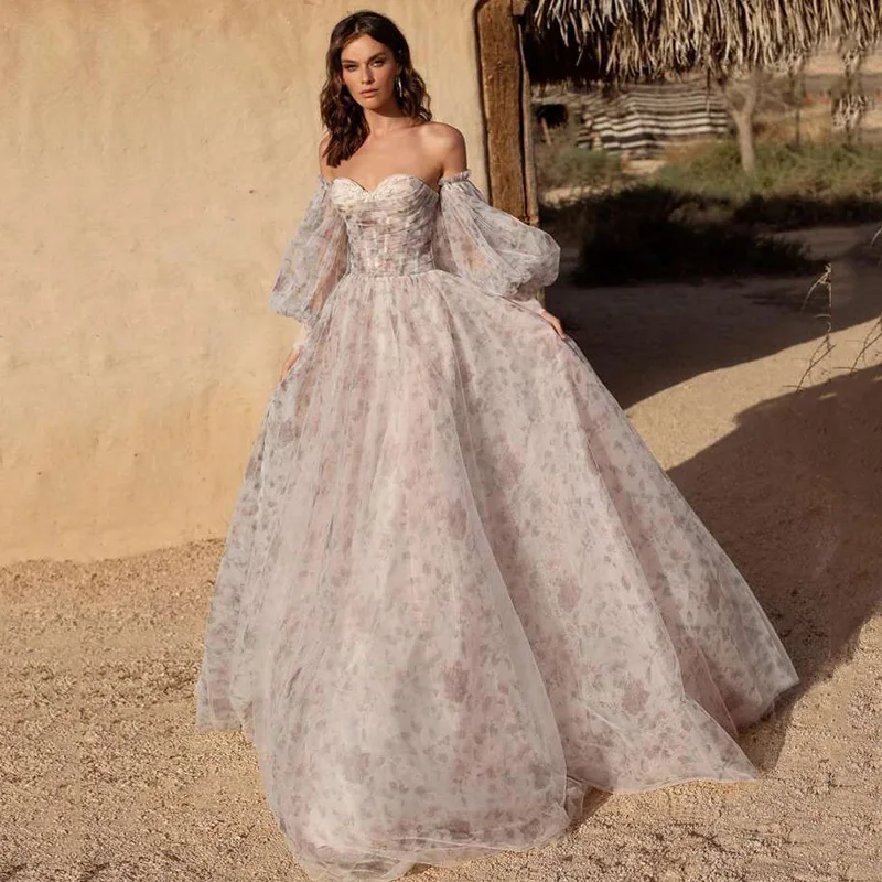 

Eightree Dusty Pink Wedding Dresses Puff Long Sleeve Bride Dress 2021 Sweetheart Plus Size Vintage Floral Print Wedding Gowns