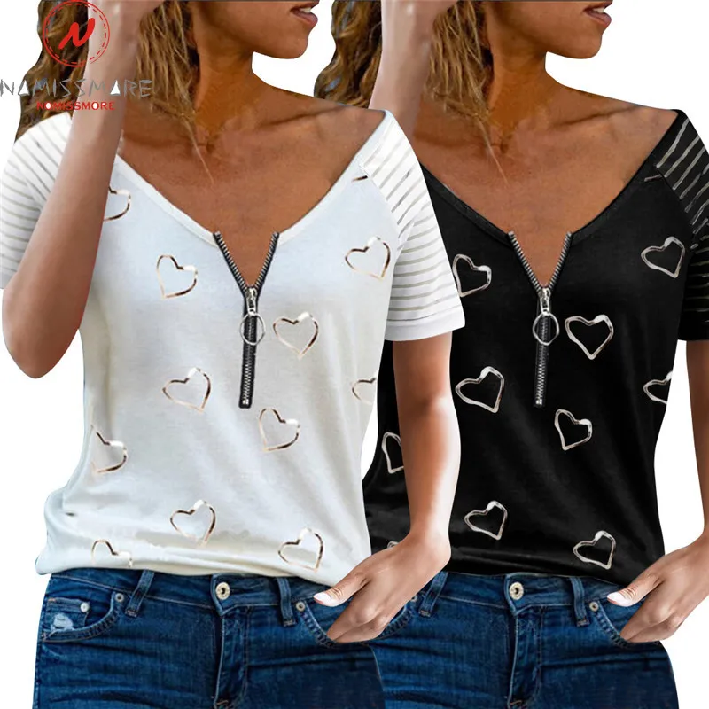 

2021 New Fashion Women Summer Heart Print T-Shirts for Streetwear Zipper Decor V-Neck Short Sleeve Casual Loose Pullovers Top