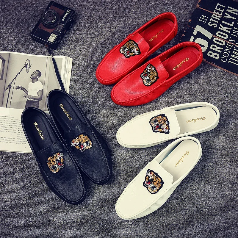2022 Spring Summer New Hot Fashion Men Leather Casual Shoes Trend Lightweight Tiger Embroidery Cool Man Loafers Driving | Обувь