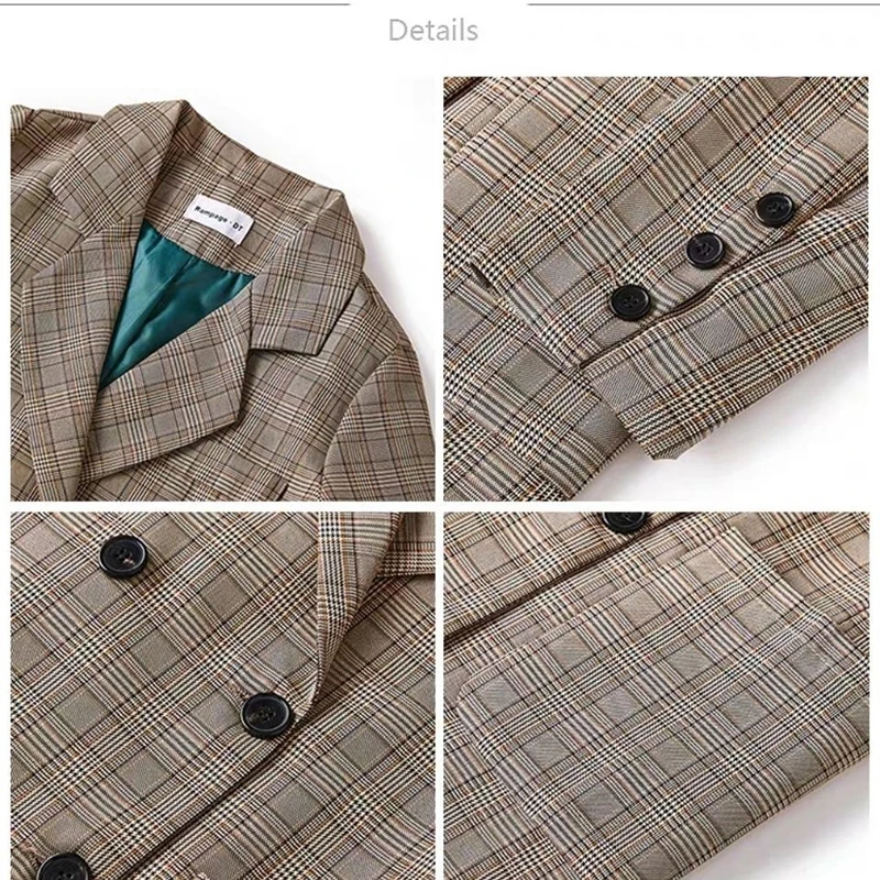 

Blazers Women Spring Autumn 2021 Plaid Retro Notched Chic High Quality Outwear New Double Breasted Loose Vintage Pockets Ulzzang
