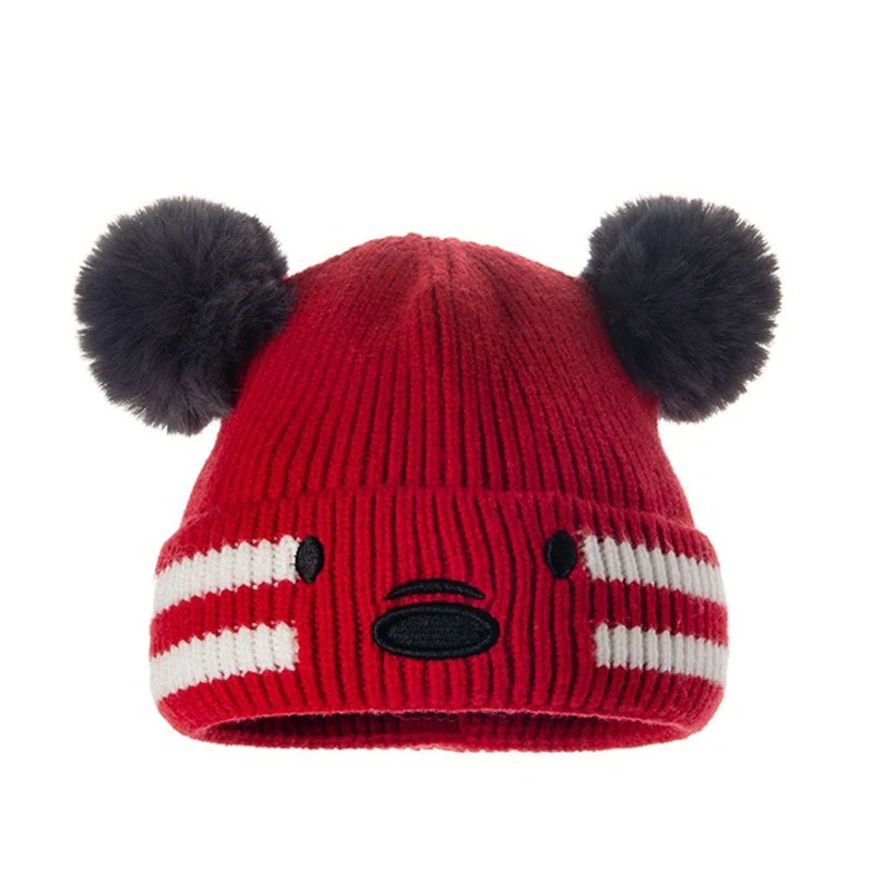 Baby Beanies Double Ball Wool Cartoon Pompom Hat Children Winter Knitted Hats Cute Cap for Girls Boys Thick Kids Beanies