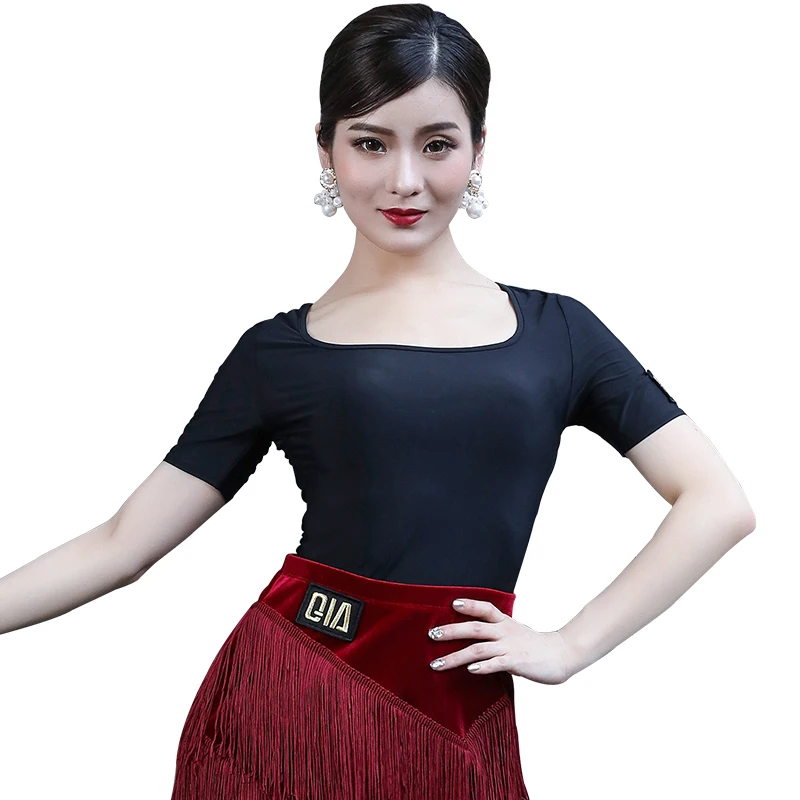 

Latin Dance Clothes Women Black Short Sleeve Practice Shirt Professional Ballroom Standard Dance Tops Rumba Dance Outfit DQL2212