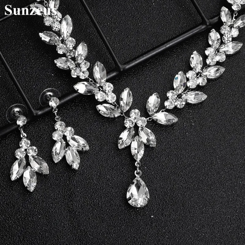 

Bridal Wedding Jewelry Set Necklace with Stud Earrings Silver Crystals Women Engagement Party Accessories collier femme NC02