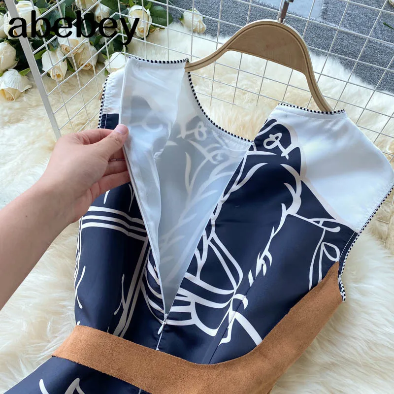 

Korean Floral Tank Dress Women Sleeveless o Neck Belt A-line Chiffon Dress Summer Boho Print Vacation Pleated Sundress