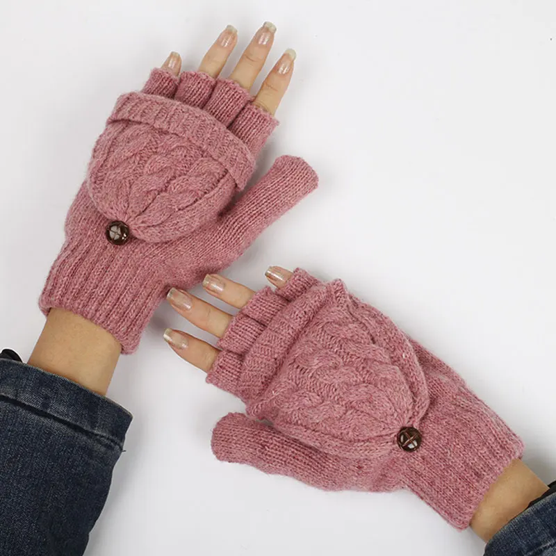 Женские и мужские однотонные зимние вязаные перчатки с откидной крышкой теплые