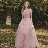 eightree pink long a line long evening dress applique tulle tiered formal dresses lace sweetheart floor length party gowns
