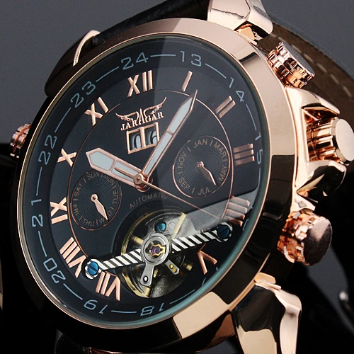 Модные JARAGAR, мужские Брендовые Часы, дата, кожа, Tourbillon, маховик, авто механические мужские часы, наручные часы, подарочная коробка