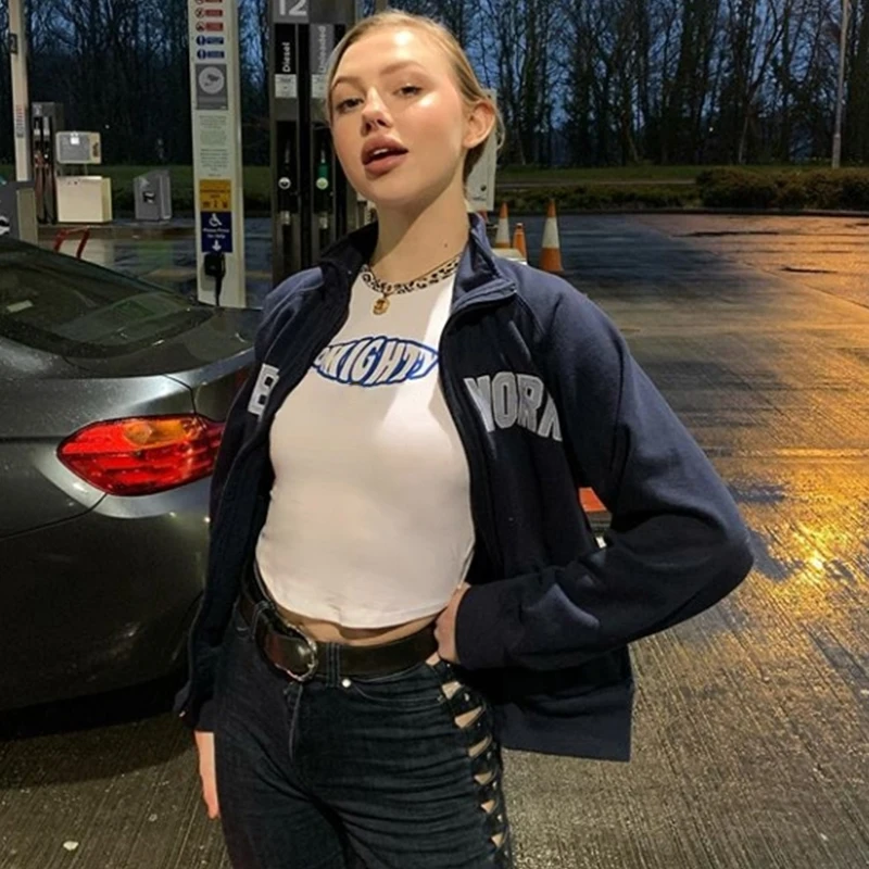 

Vintage Dark Navy Letters Print Jacket Coat Zip Up Sweatshirt Women Hoodies American 2021 Autumn Hip Hop Fashion Teens Clothes