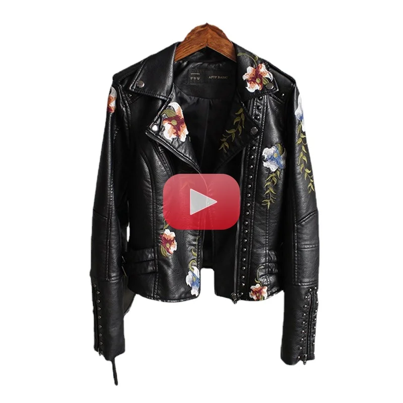 Enlarge Women Floral Print Embroidery Faux Soft Leather Jacket Coat  Turn-down Collar Casual Pu Motorcycle Black Punk Outerwear