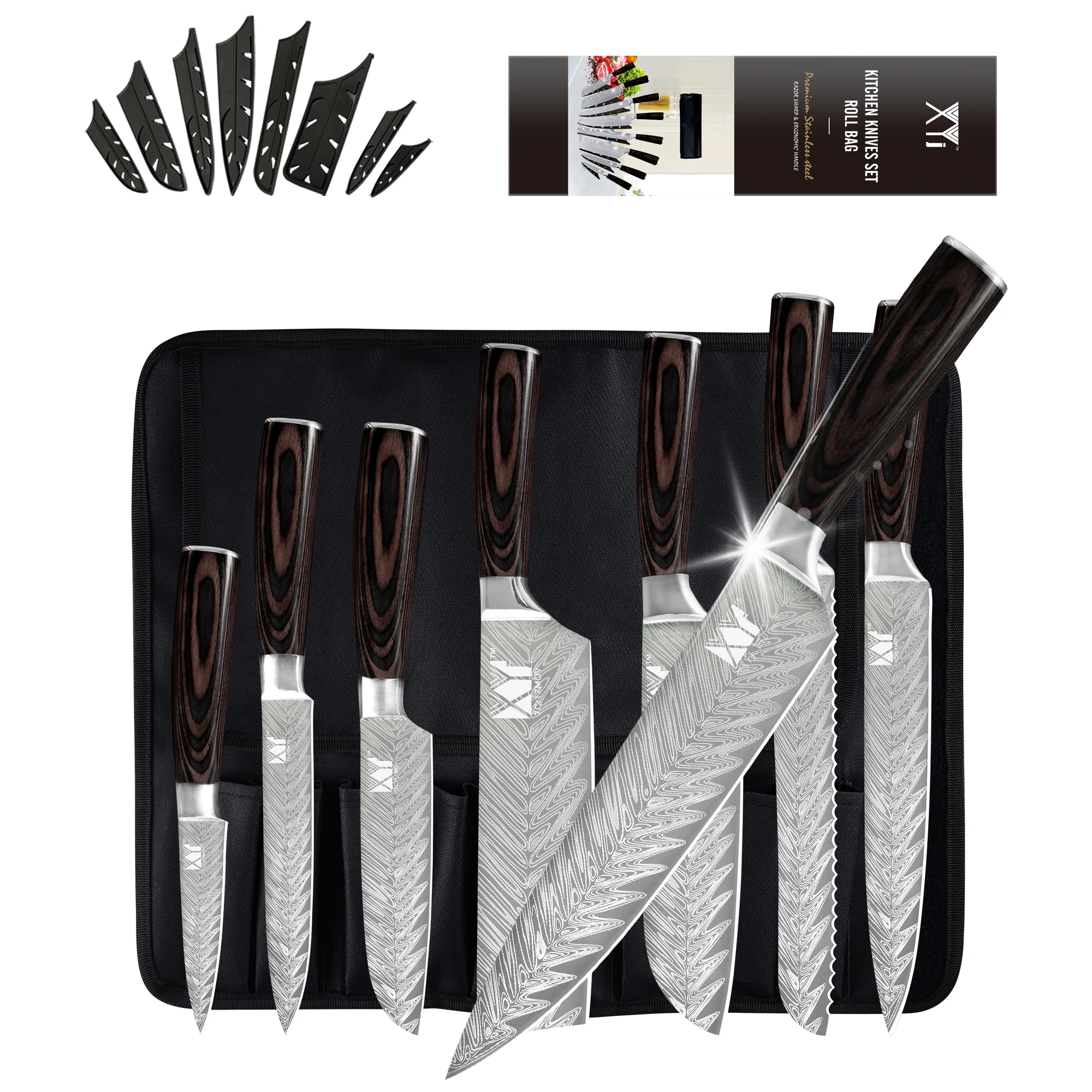 

Professional Chef Knives Set Stainless Steel Laser Damascus Patten Sharp Kitchen Knife Kit Roll Bag Protector Covers Gift Knives