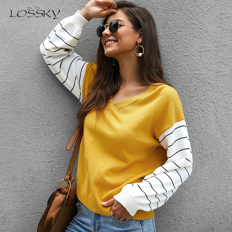 Lossky Women Striped Patchwork Pullover Sweater Female V-neck Fashion Autumn Winter Long Sleeve Clothing Yellow Ladies Top 2019 | Женская