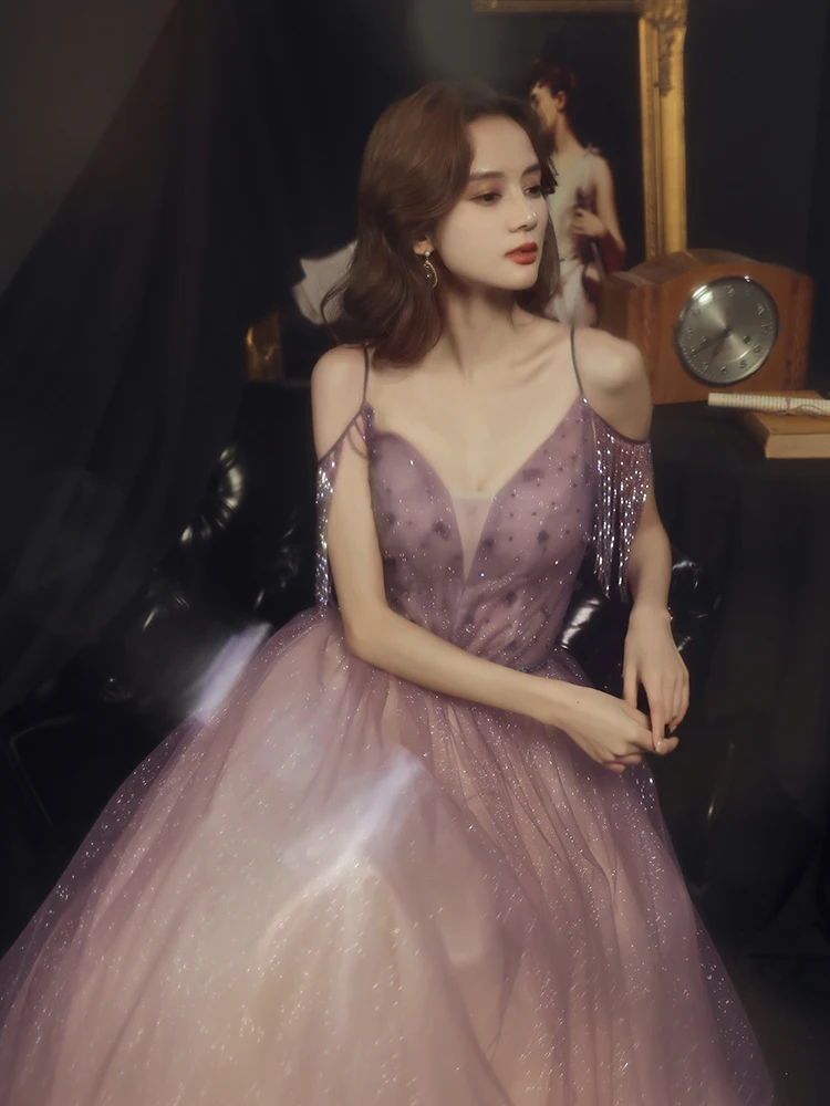 Роскошное вечернее платье с V-образным вырезом фиолетовое фэнтезийное бальное на