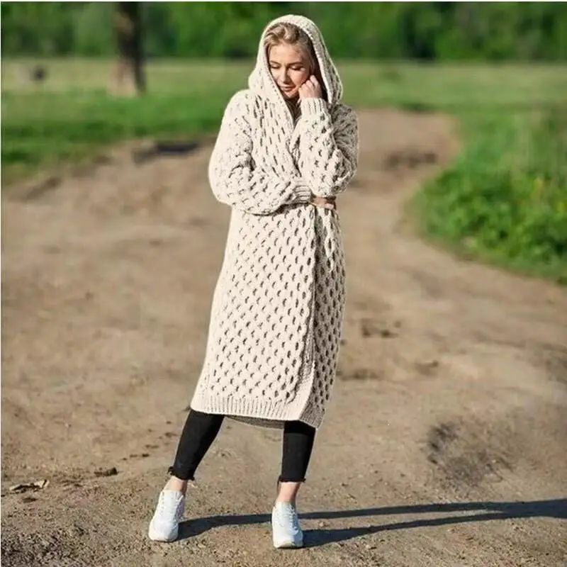 Autumn Fashion Women's Hooded Thick Knitted Sweater Cardigan Solid Plus Size Long Sleeve Winter Warm Cloak Coat |