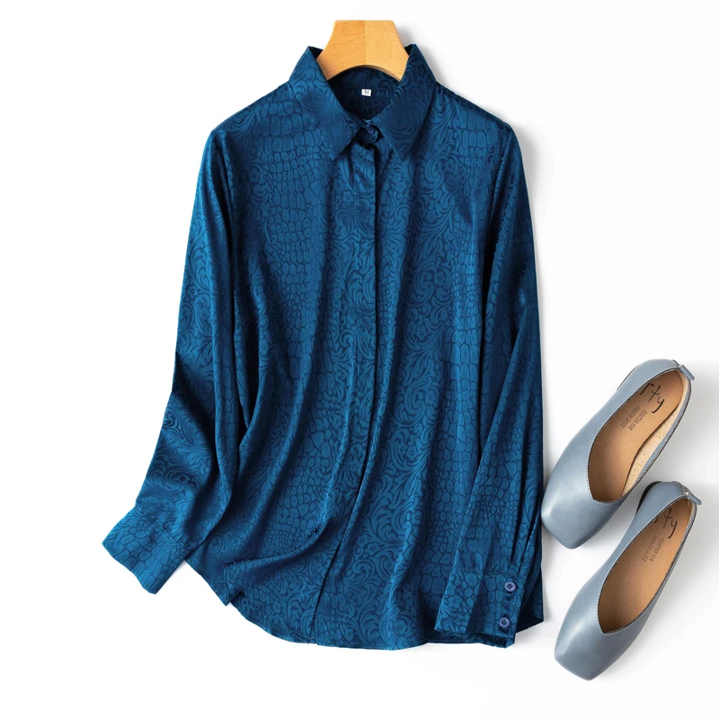 

Women 100% Mulberry Silk 20 momme Jacquard Silk Blue Buttons Down Collared Long sleeve shirt Top Blouse office work MM190