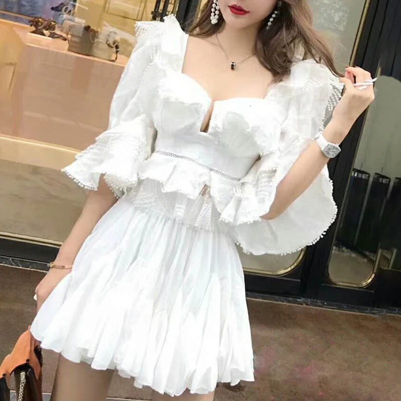 TWOTWINSTYLE кружевная блузка с рюшами Женская белая рубашка Осенняя Сексуальная женская рубашка с квадратным вырезом Топы с пышными рукавами корейская модная одежда