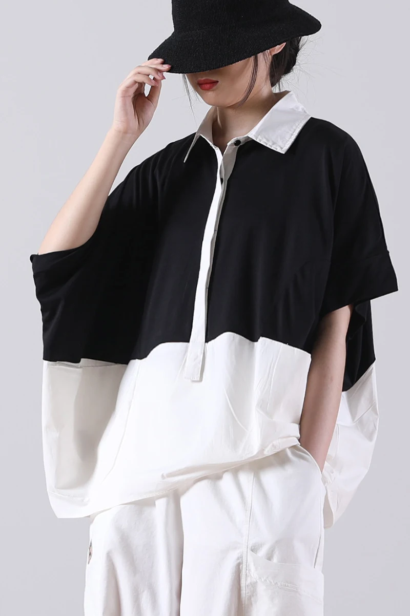 

SuperAen New Summer 2021 Loose Plus Size Art Patchwork Single Breasted Turn Down Collar Short-sleeved Women T-Shirts