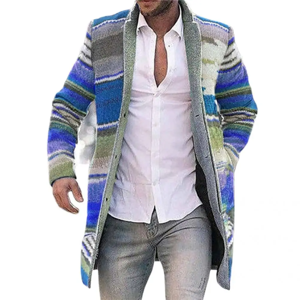 

Cardigan Great Lapel Collar Color Stripe Jacket Soft Winter Coat Mid-length for Going Out