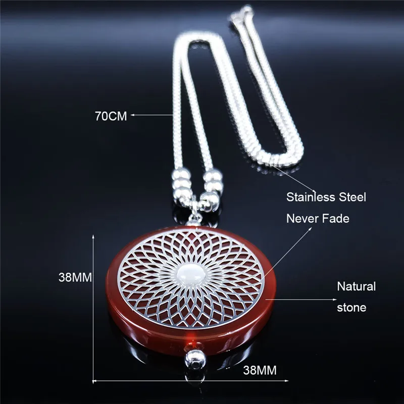 

Flower of Life Stainless Steel Spiritual Necklace Women Red Color Natural Stone Long Necklace Jewelry collares largos Nb4S04