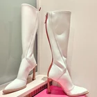 Женские эластичные сапоги из лакированной кожи, высокие сапоги с острым носком и образным каблуком, 2021