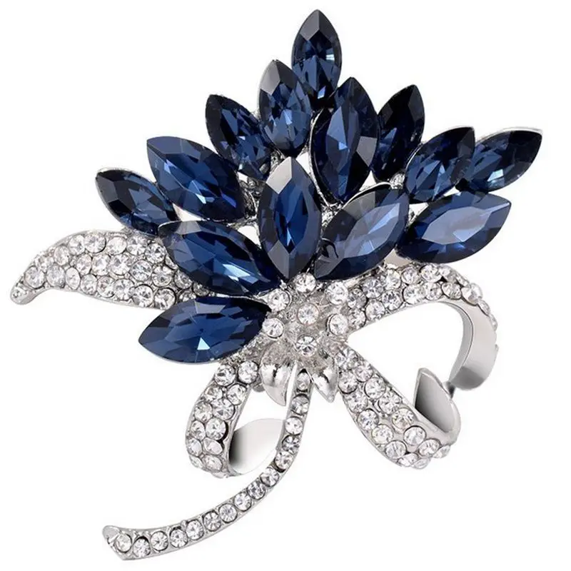 Brooch pin Woman's elegant flower shape and blue crystal rhinestone jewelry Fancy corsage brooch Decoration for clothes | Украшения и