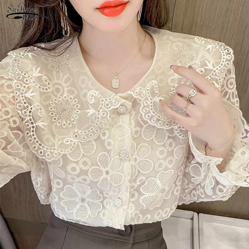 

2021 New Autumn Long Sleeve Lace Shirt Apricot Blouse Peter Pan Collar Shirt Fashion Women Tops Clothes tops Blusa Mujer 17250