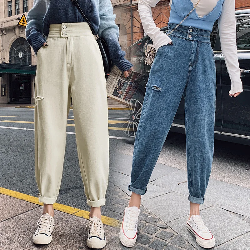 Женские винтажные шаровары с дырками джинсы высокой талией в стиле бойфренда