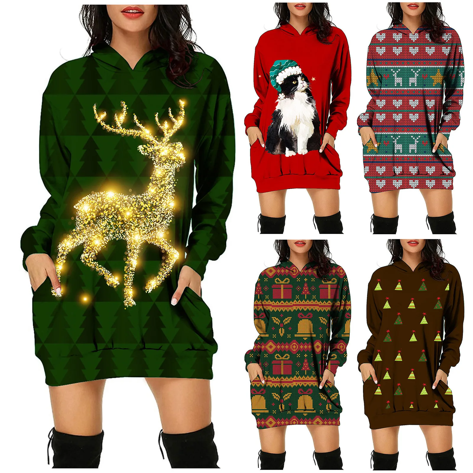 

New Christmas Dress Women Fashion Sweatshirts 2023 Casual Elk Prints Bag Hip Pocket Long Sleeves Mini Dress Hoodies Y2k Vestidos