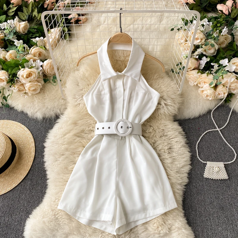 

Women's 2021 Sexy Halter Neck Blackless Jumpsuit Summer Female Sleeveless Turn Down Collor Overalls Playsuits For Women