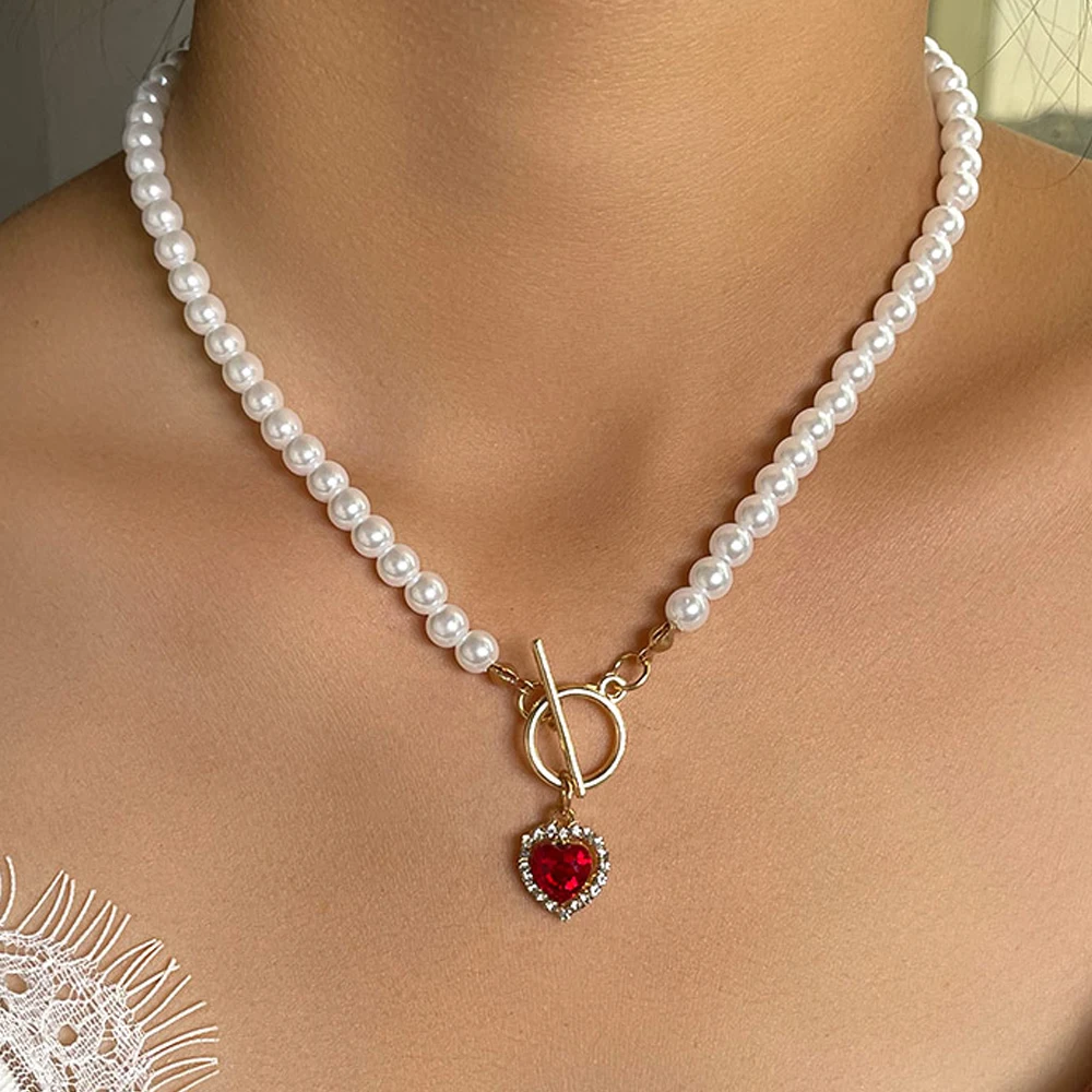 

Kpop модное ожерелье с подвеской в форме сердца и жемчугом, Набор браслетов для женщин, цепочка с имитацией жемчуга, чокер, ожерелья, ювелирные...