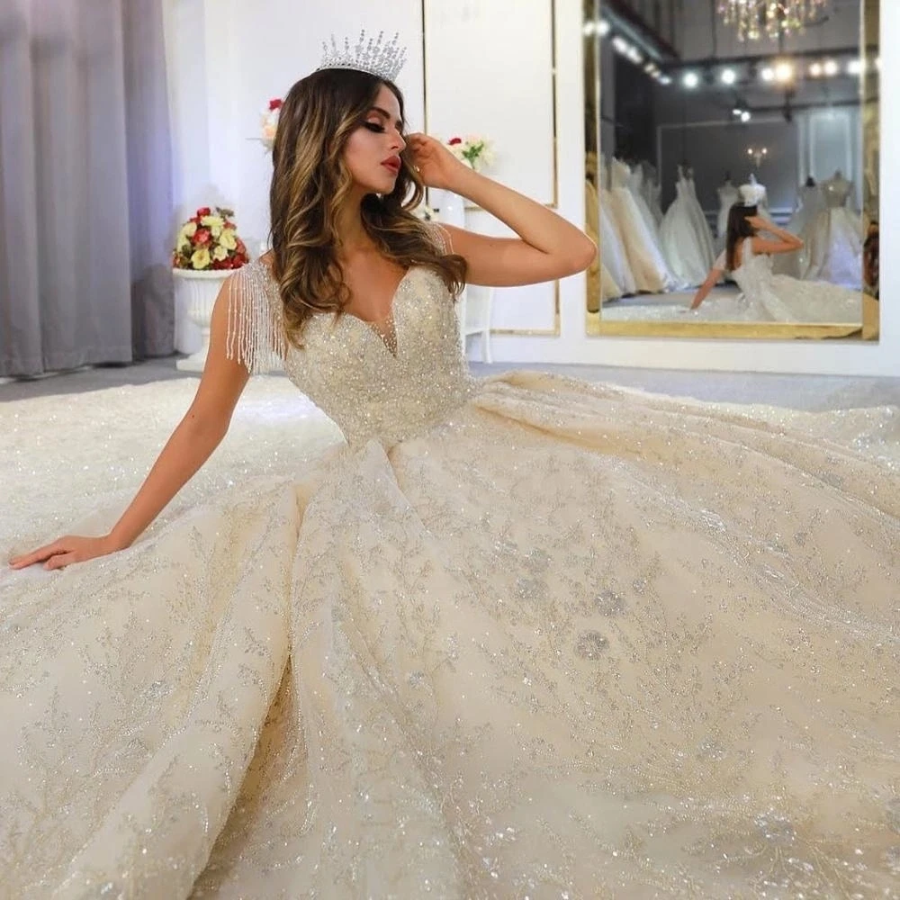 2020 Дубай блестящие бусины Кристалл Кружева Свадебные платья бальное платье с
