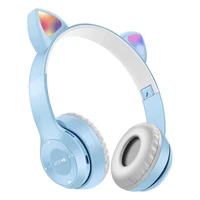 foldable 5 0 headphone cute cat ear audio stereo sports gaming wireless headset with mic led lights girl earphone for phone pc