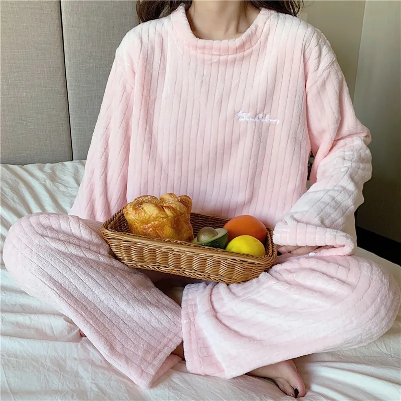 

Women Pajama Sets Flannel Solid Plus Velvet Thicker Homewear Female All-match Warm Casual Daily Basic Korean Style Elastic Waist