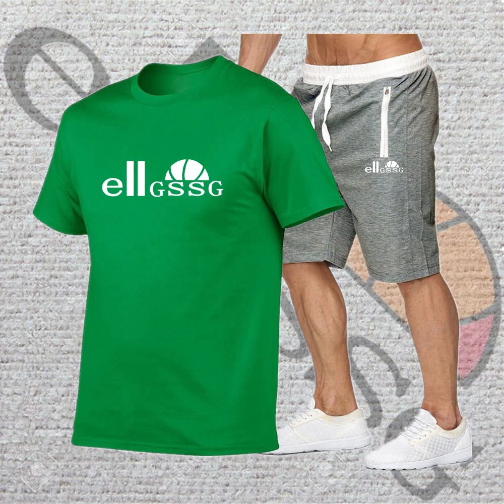 

2021 summer men's breathable short-sleeved T-shirt casual sports shirt + fitness jogging zipper pocket shorts solid color sports