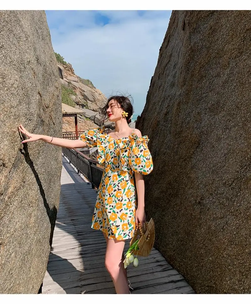 

Loose and Fashionable Women Summer Vacation Style Printed Dress Bohemian One-Neck Small Beach Suspenders Short Skirt Women